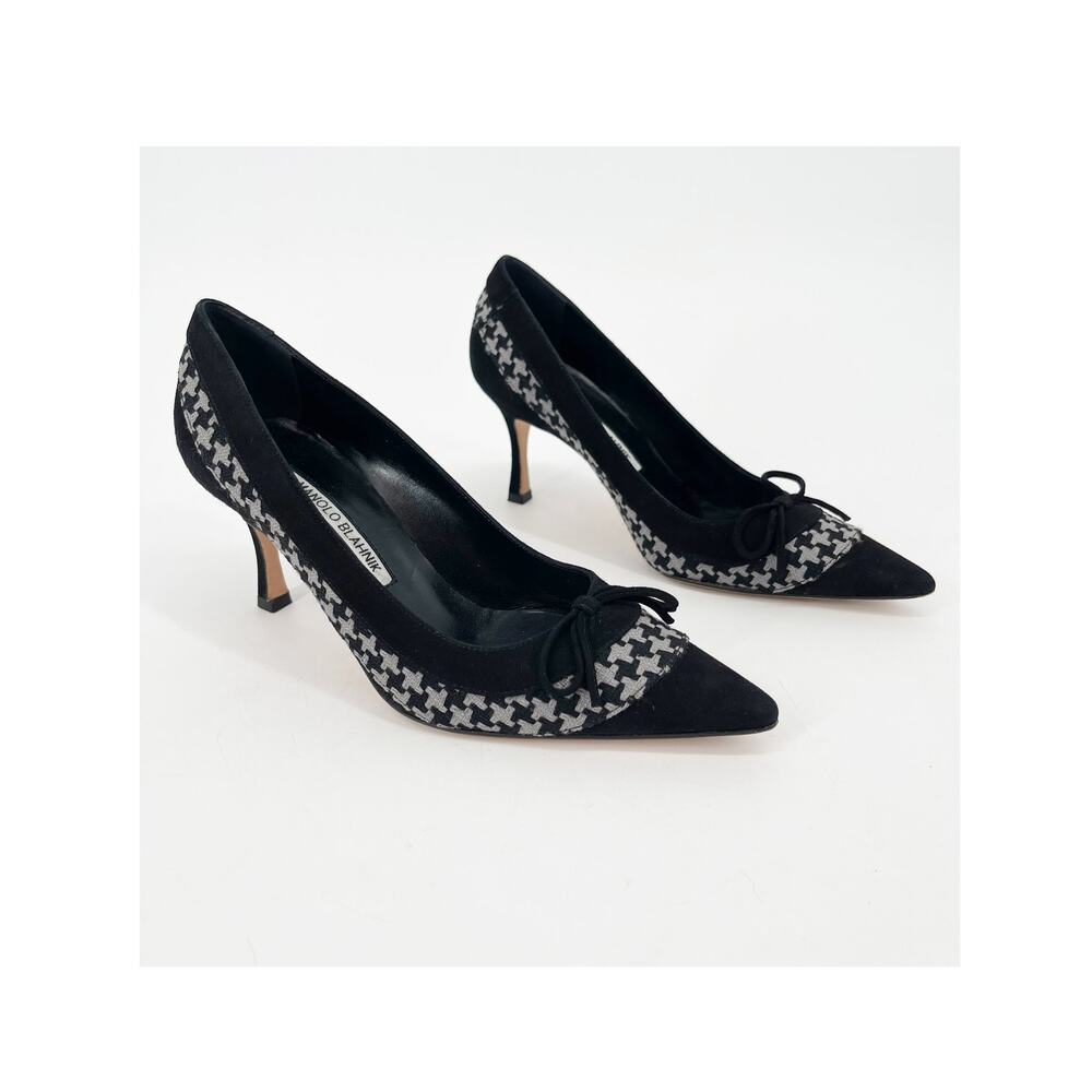 Manolo Blahnik Black Suede Gray Houndstooth Bow Pointed Toe Pumps Heels IT 36